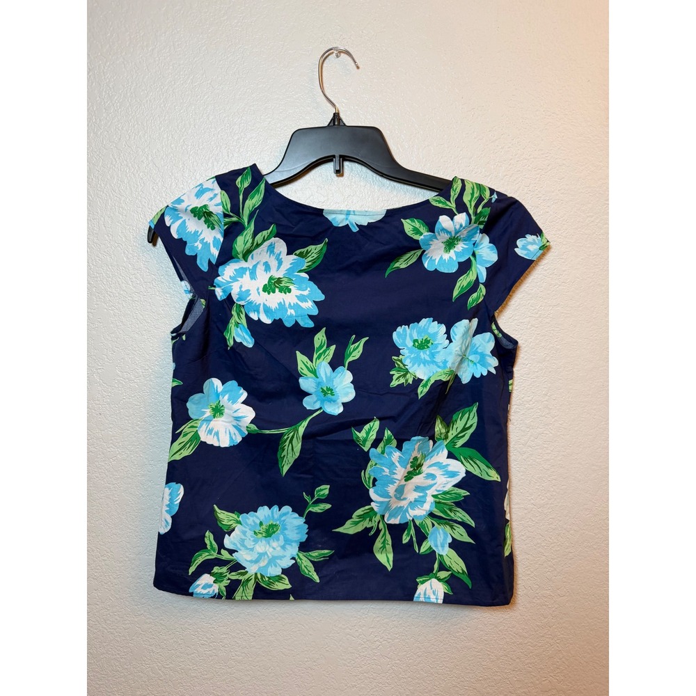 Talbots Petite Navy Blue Floral Cotton Cap Sleeve Boat Neck Blouse SP